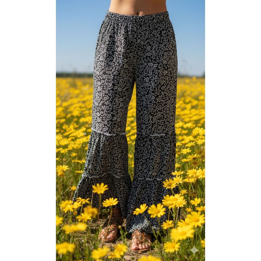 CeCe ditsy floral wide leg palazzo pants black & white size large